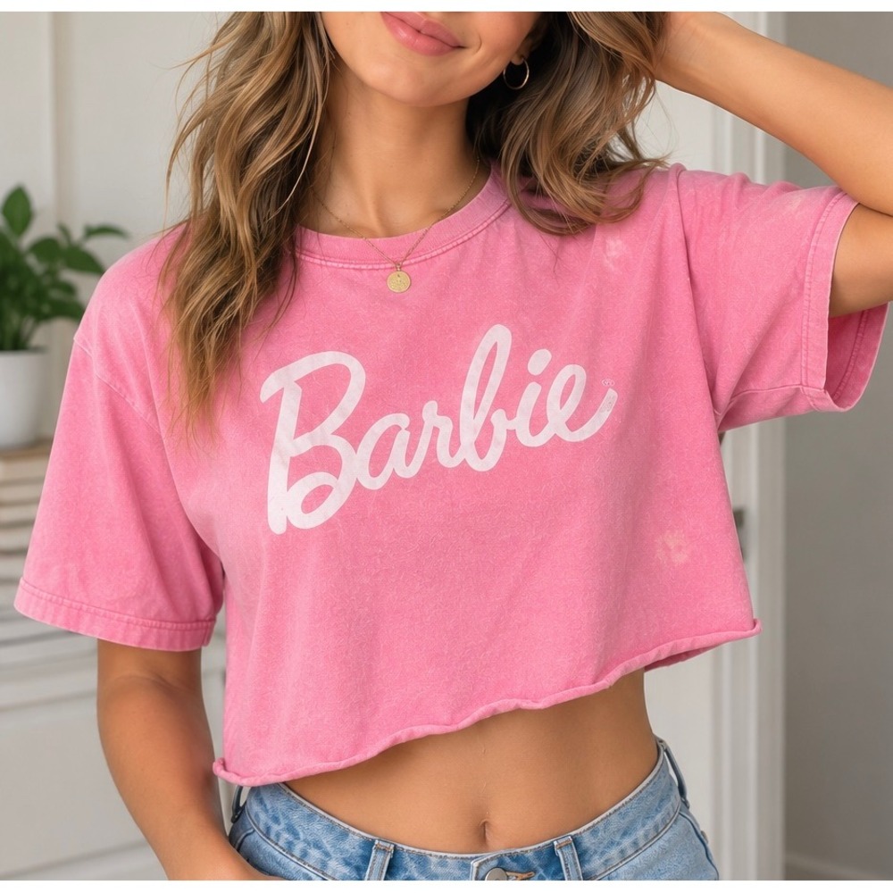 Barbie Graphic Crop Top T-Shirt Pink Acid Wash Raw Hem Size Large Cotton